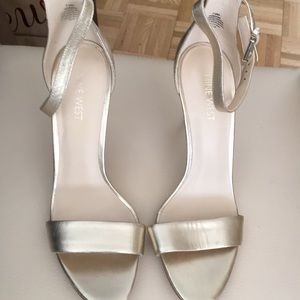 Gold high heel ankle strap sandals